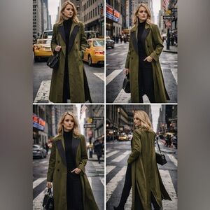 UNIQUE21 Olive Green Long Coat Black Lapel Parisian Style Size US 12
